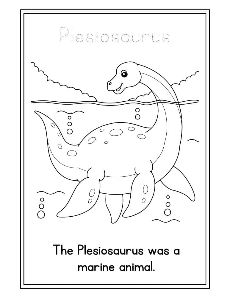 Plesiosaurus coloring page with marine animal caption