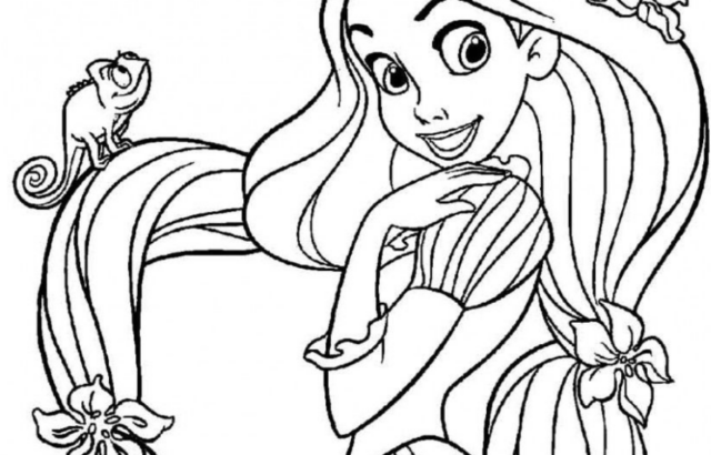 Black-and-white princess coloring page with chameleon and flowers