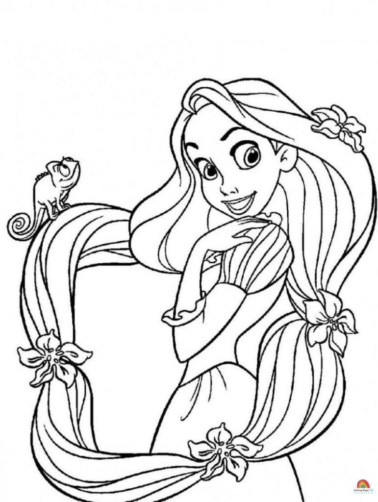 Black-and-white princess coloring page with chameleon and flowers