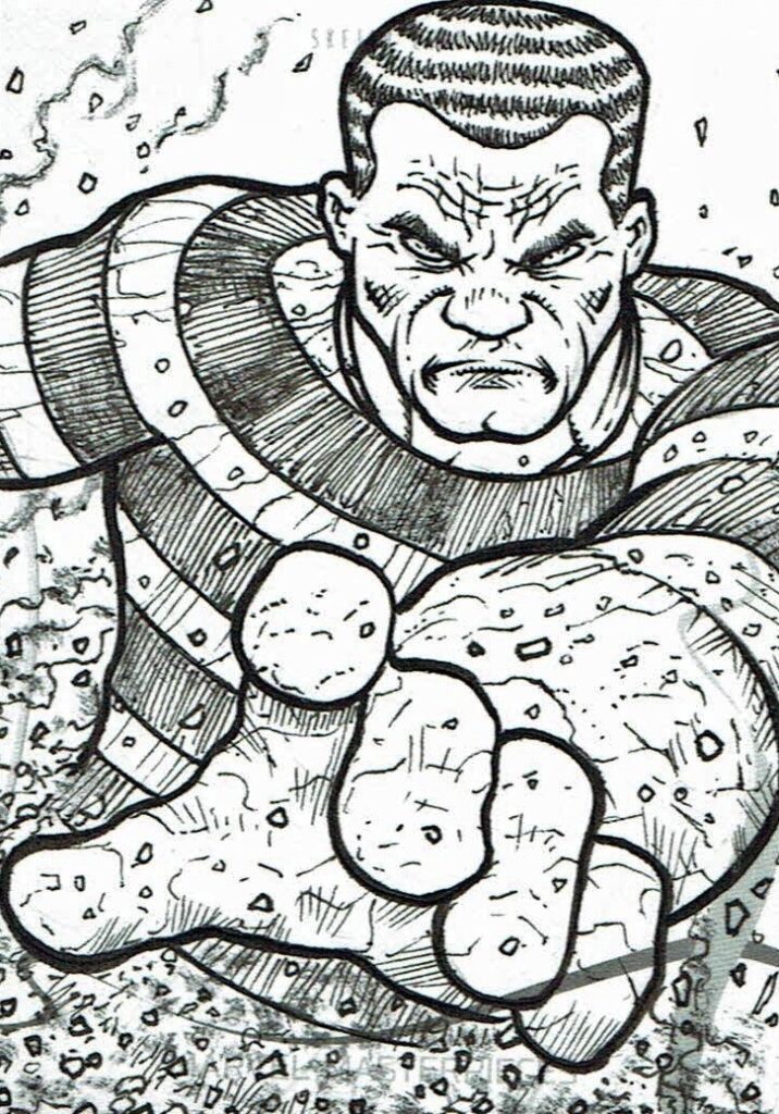 Black-and-white drawing of a muscular man reaching forward