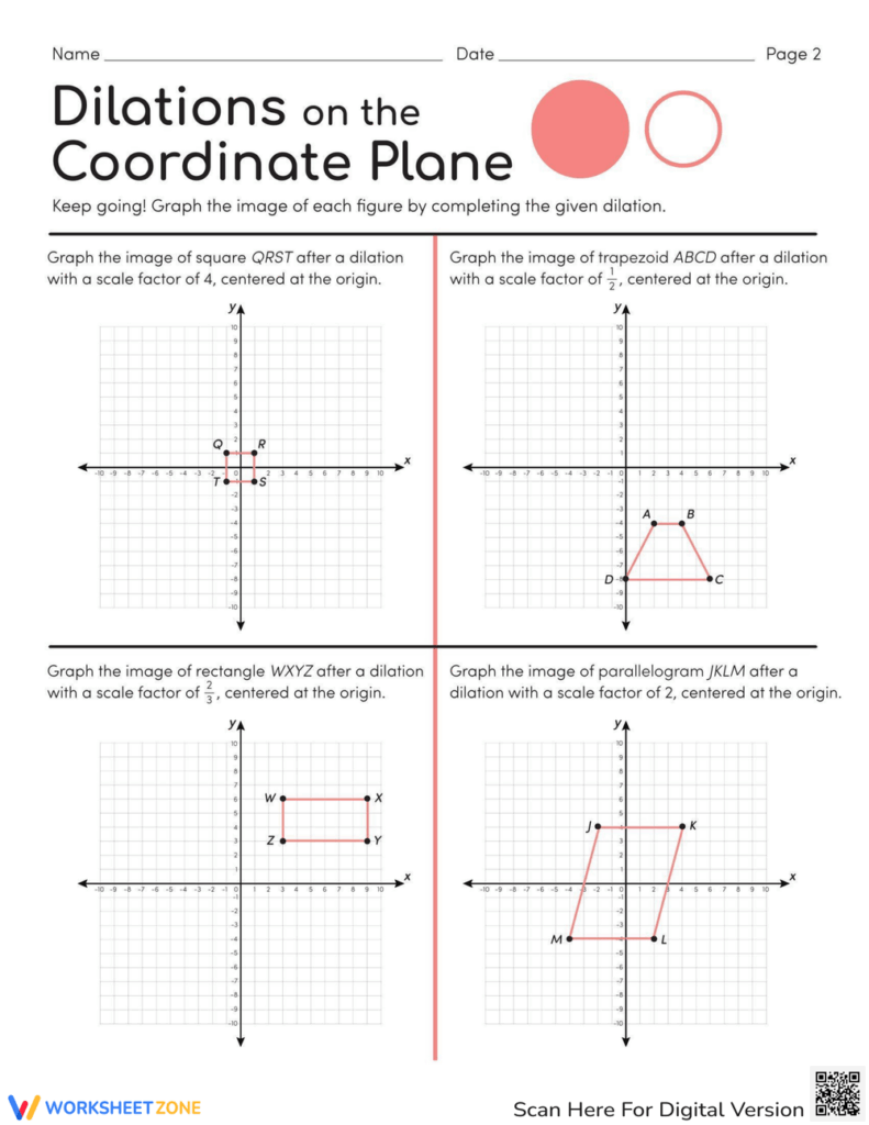 Dilations coordinate plane worksheet with four graphs