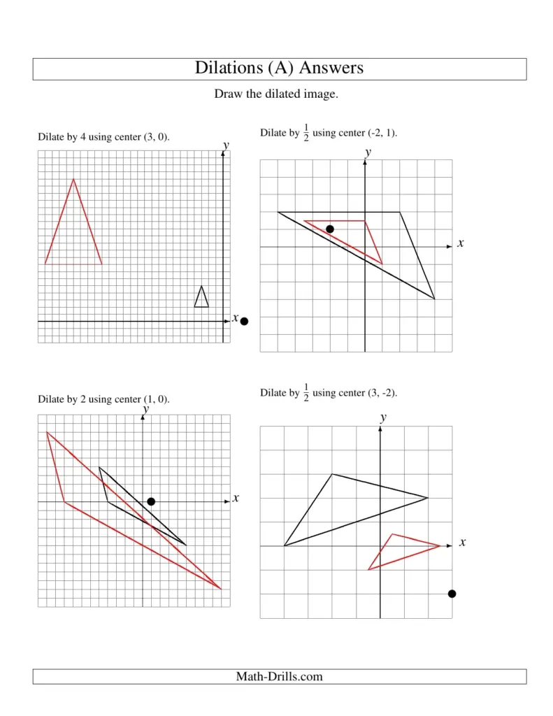 Math worksheet showing four dilation graphs and answers
