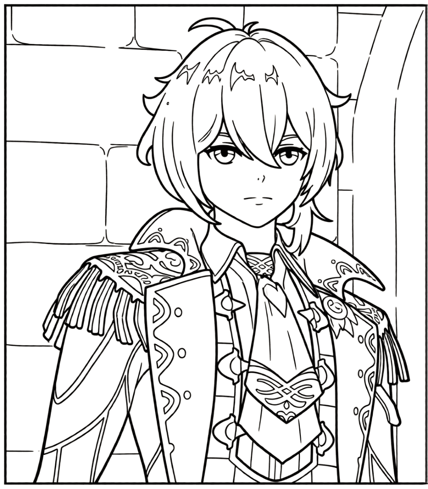 Anime-style character with ornate military jacket, front view