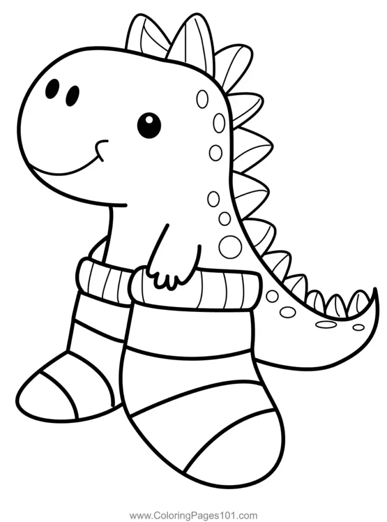 Cartoon dinosaur wearing striped socks, black-and-white drawing