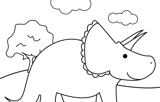 Triceratops coloring worksheet with clouds and grass