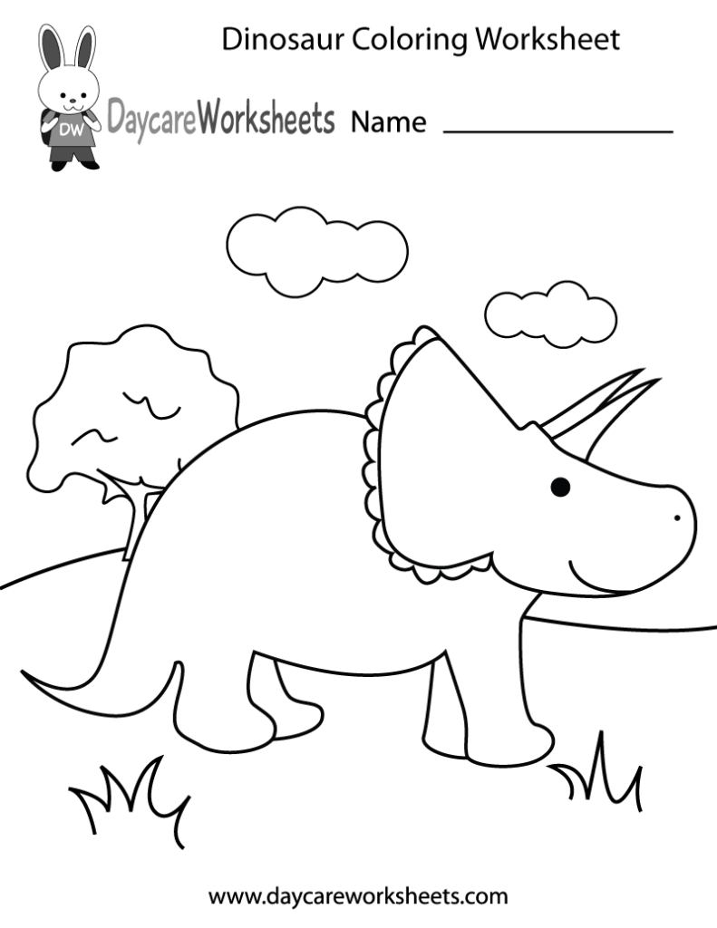 Triceratops coloring worksheet with clouds and grass