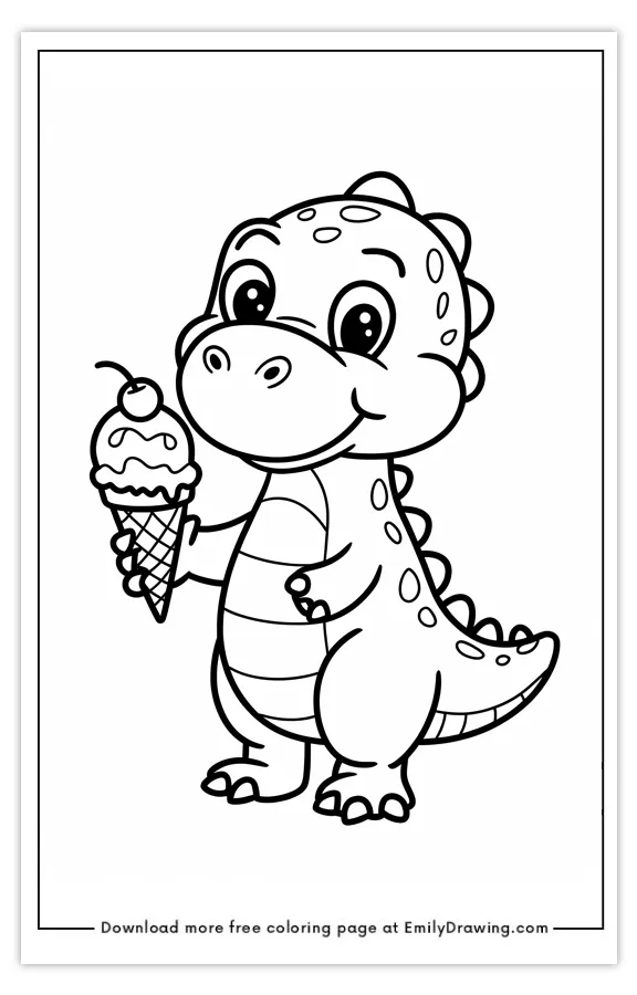 Cute cartoon dinosaur holding an ice cream cone.