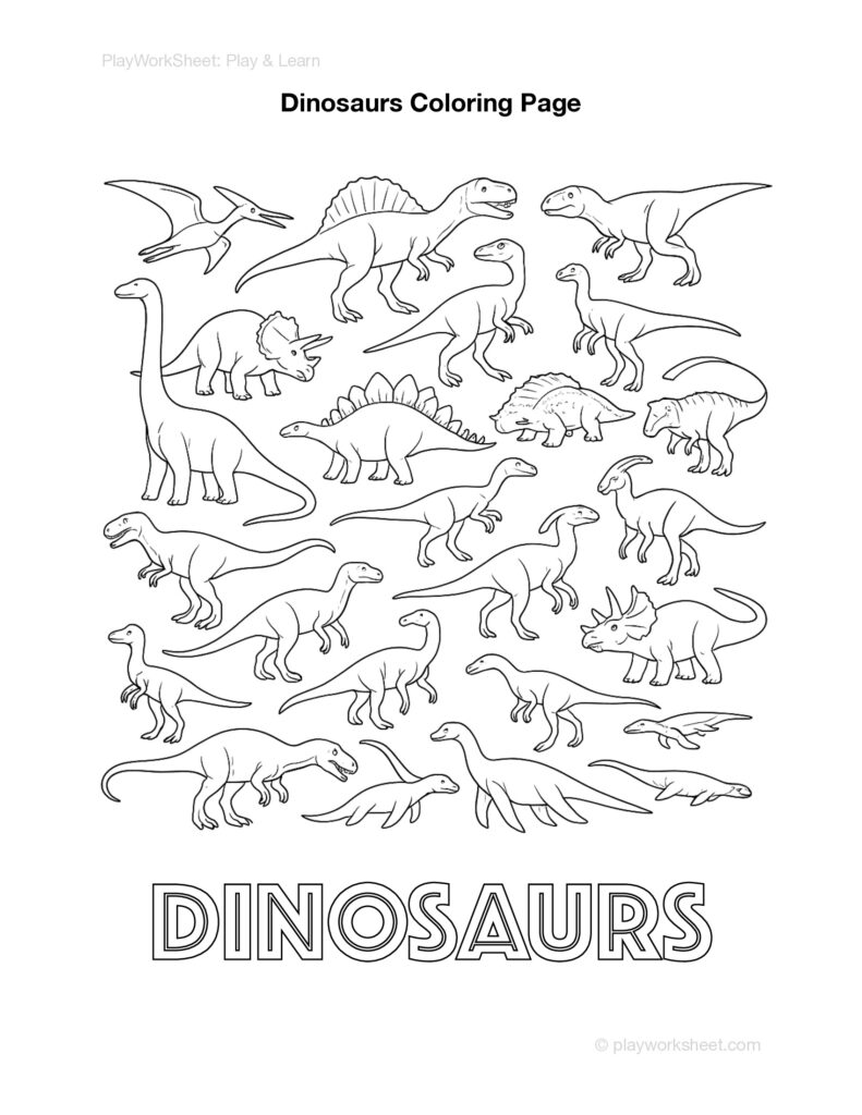 Black-and-white dinosaur coloring page with many dinosaurs