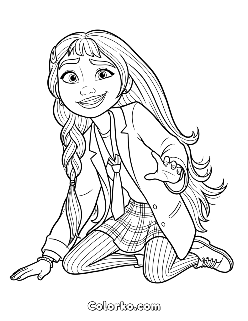 Line art of smiling girl kneeling and reaching forward