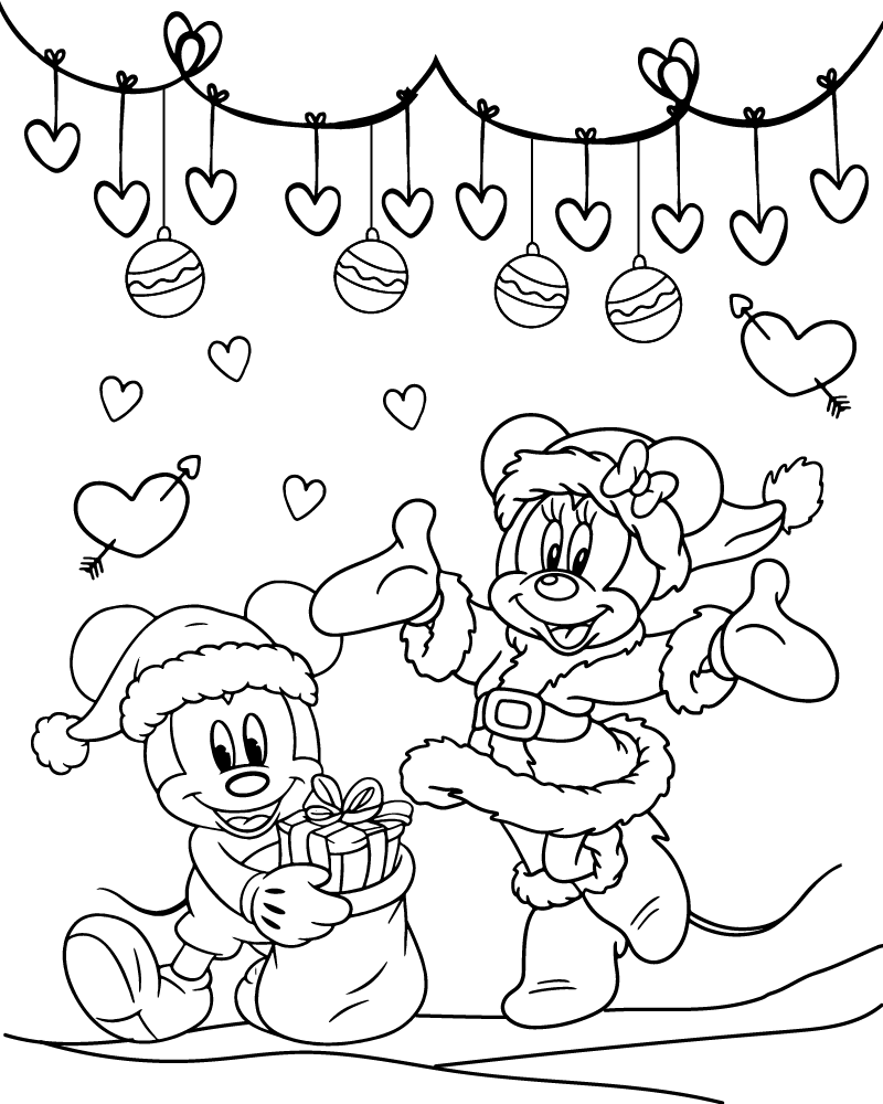 Cartoon mice in Santa outfits with gift and hearts