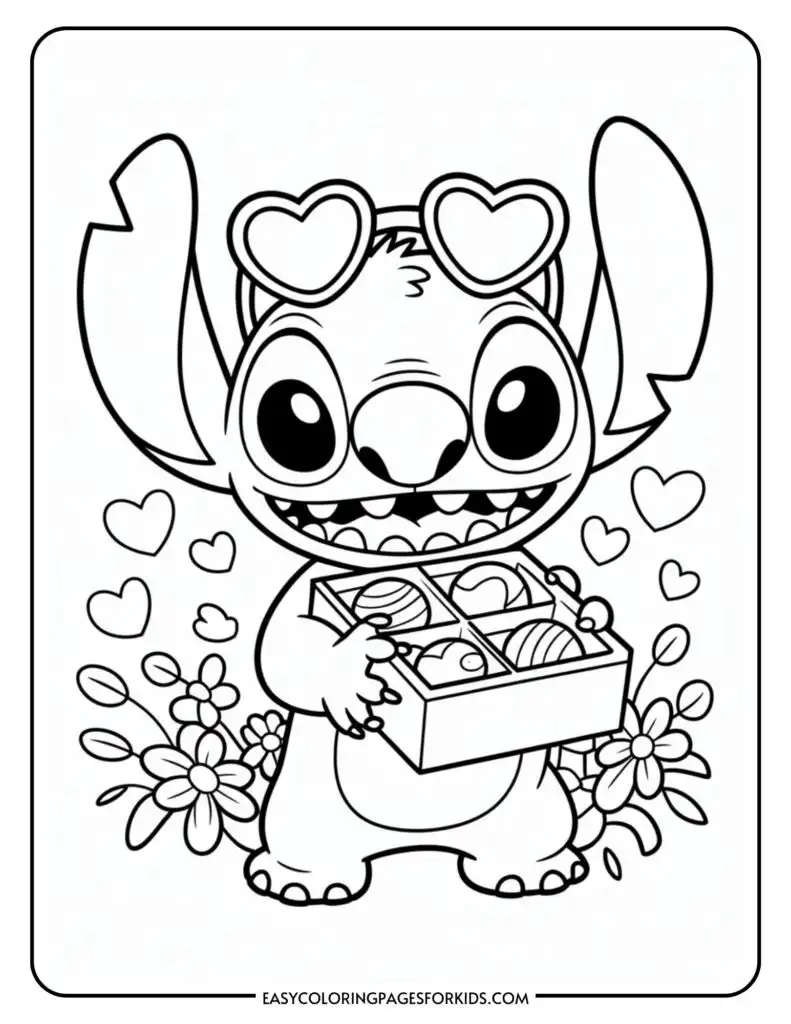 Cartoon alien holding a box of chocolates and hearts
