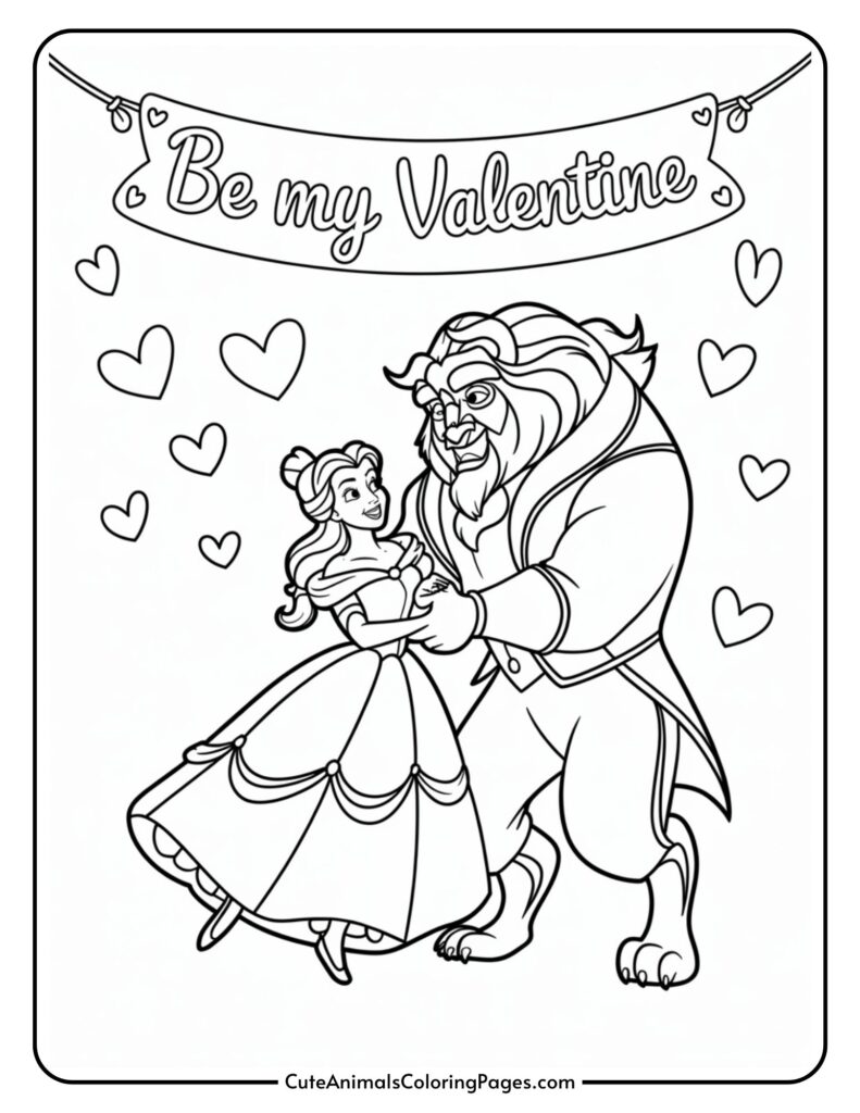 Belle and Beast dancing under Valentine banner