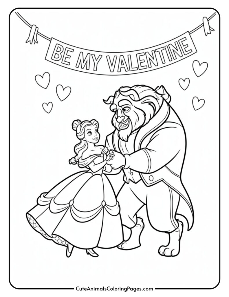 Beauty and Beast dancing under Valentine banner