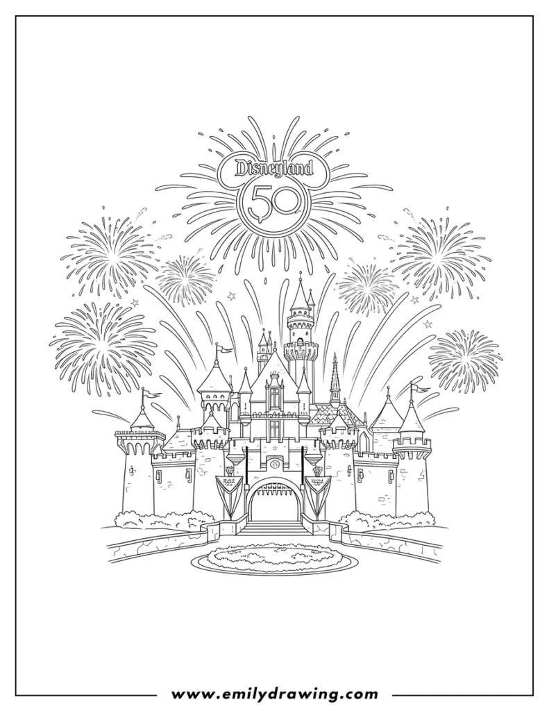 Disneyland 50 logo above castle fireworks drawing