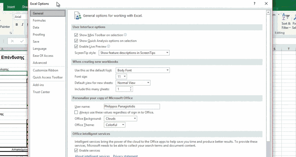 Excel Options dialog open over worksheet grid