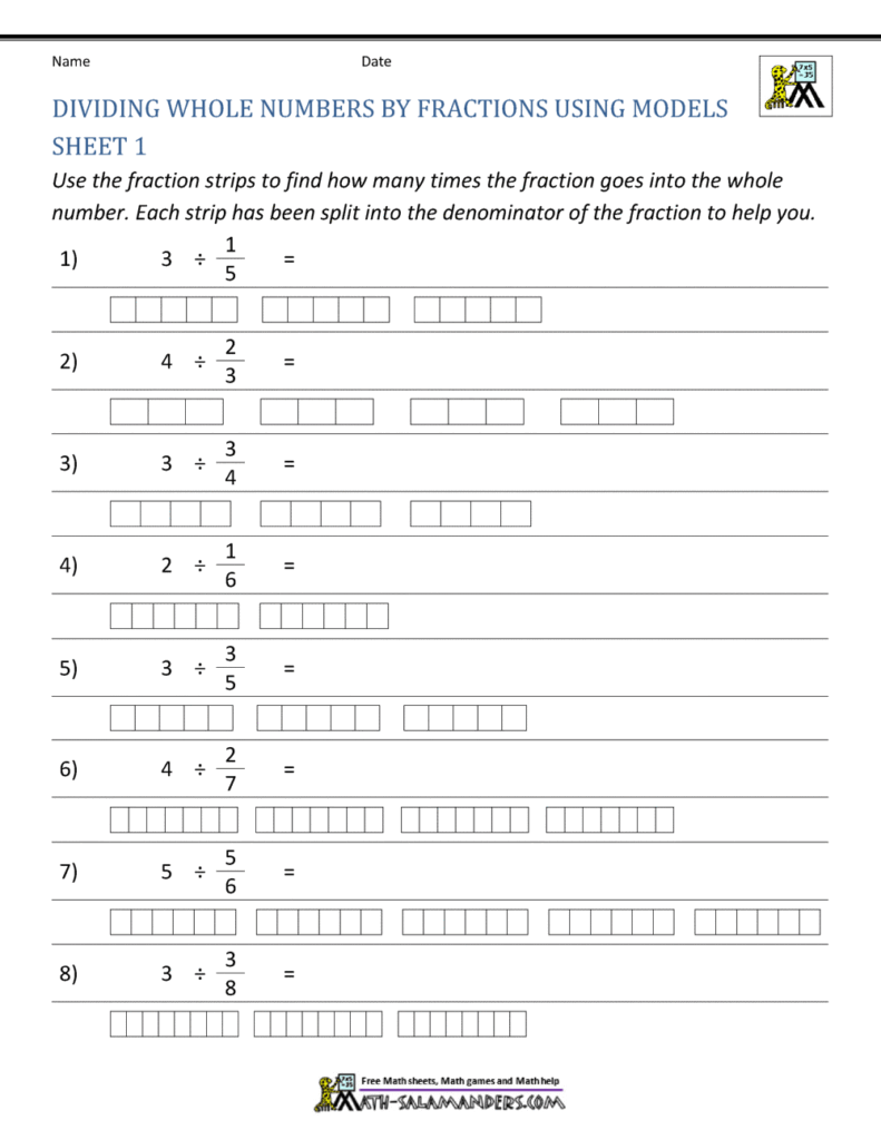Math worksheet on dividing whole numbers by fractions