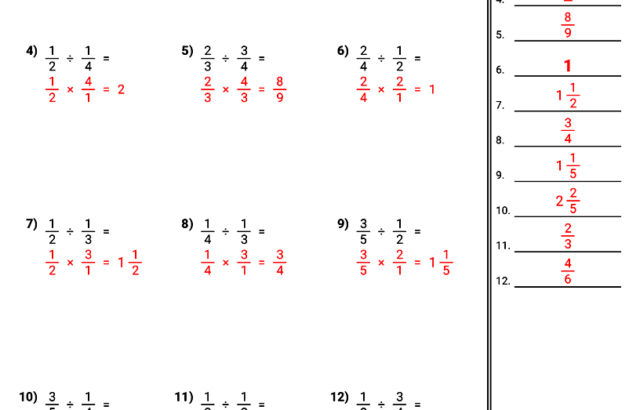 Dividing fractions worksheet answer key with red solutions