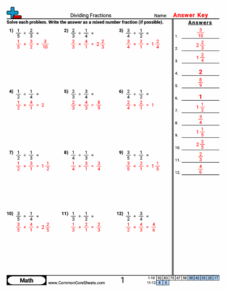 Dividing fractions worksheet answer key with red solutions