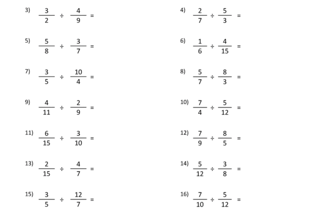 Dividing fractions worksheet with eighteen problems