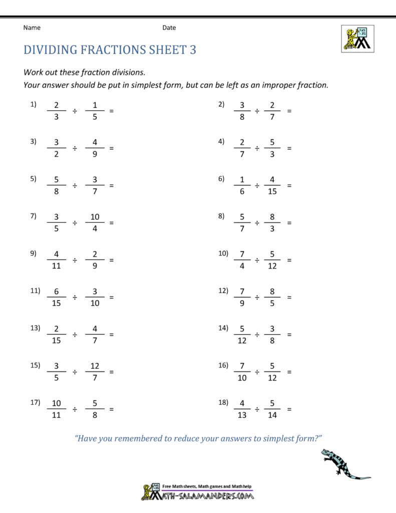 Dividing fractions worksheet with eighteen problems