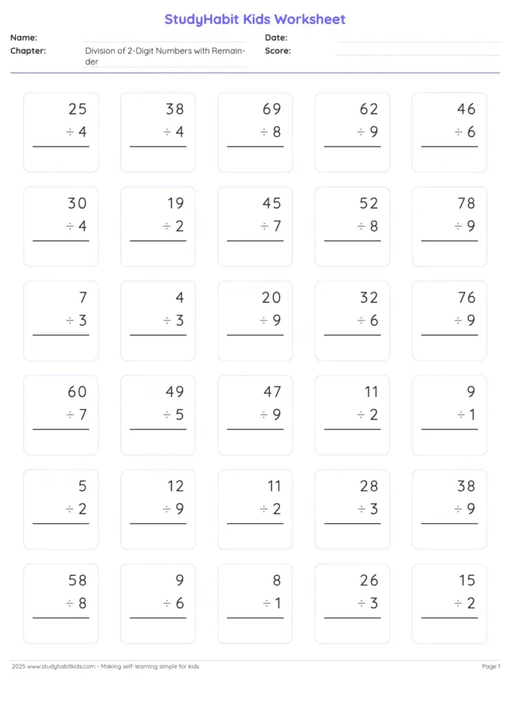 Kids math worksheet with division problems in grid