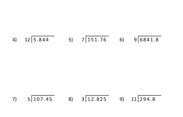 Decimal division worksheet with nine problems, white page