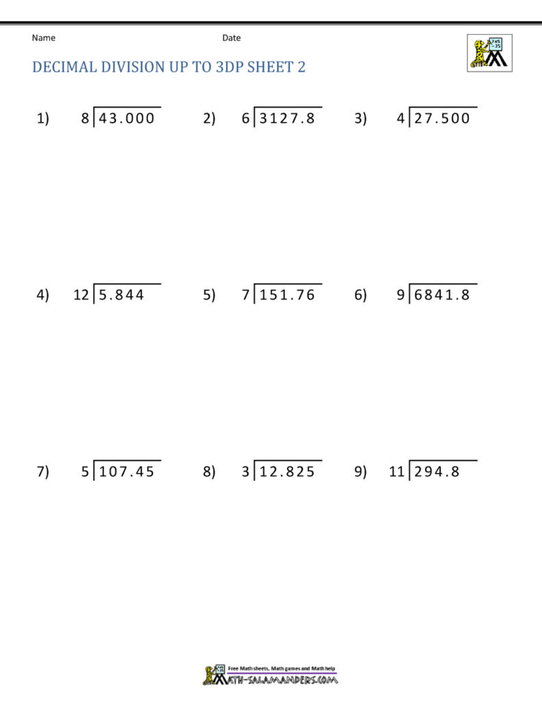 Decimal division worksheet with nine problems, white page
