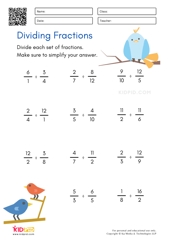 Dividing fractions worksheet with bird illustrations