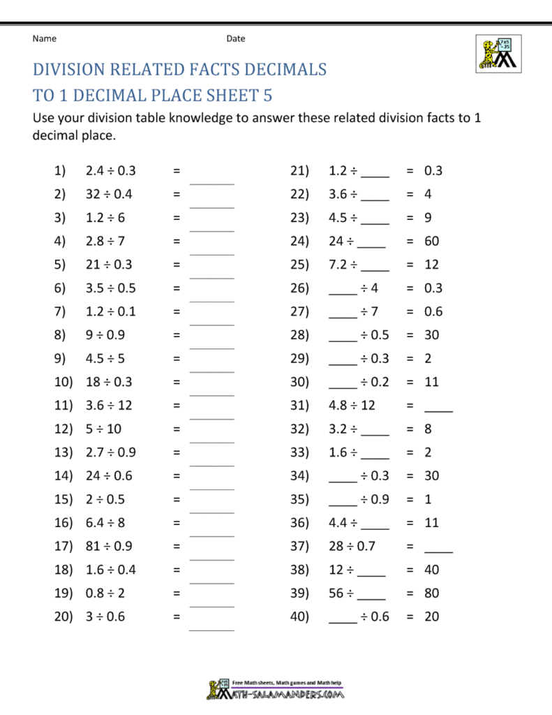 Math worksheet with decimal division problems and blanks