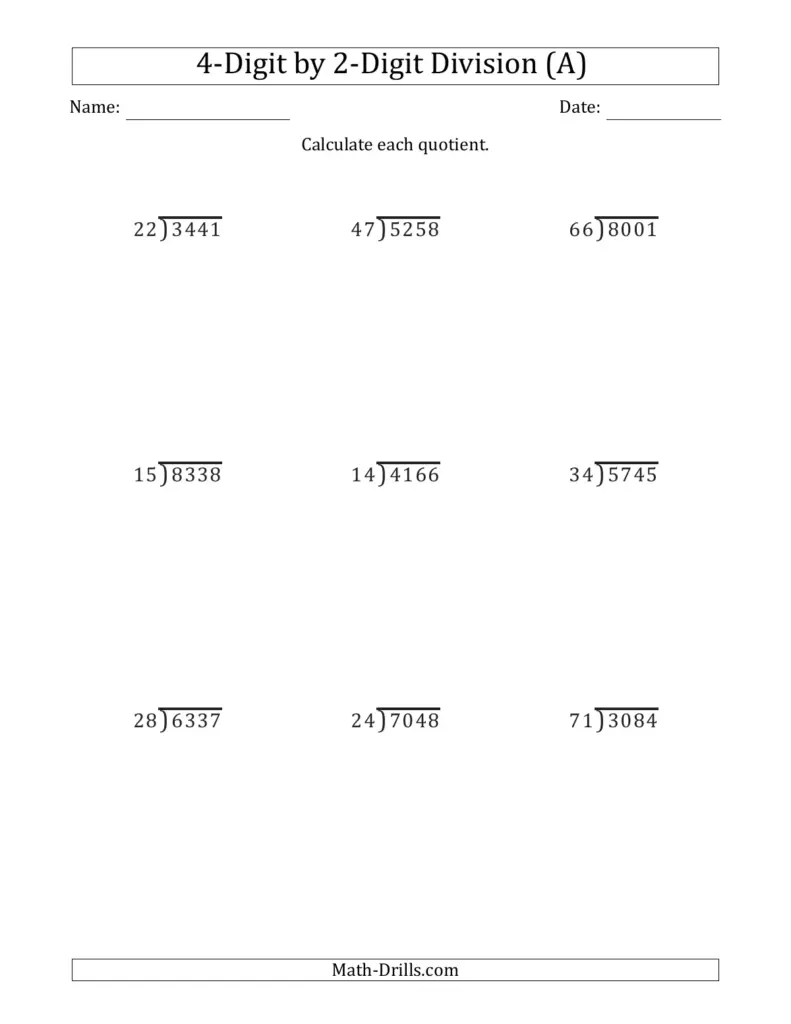 4-digit by 2-digit division worksheet page