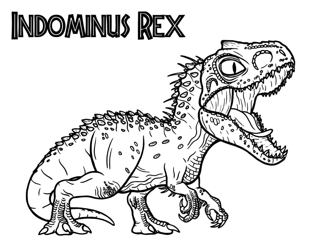 Black-and-white dinosaur coloring page labeled Indominus Rex