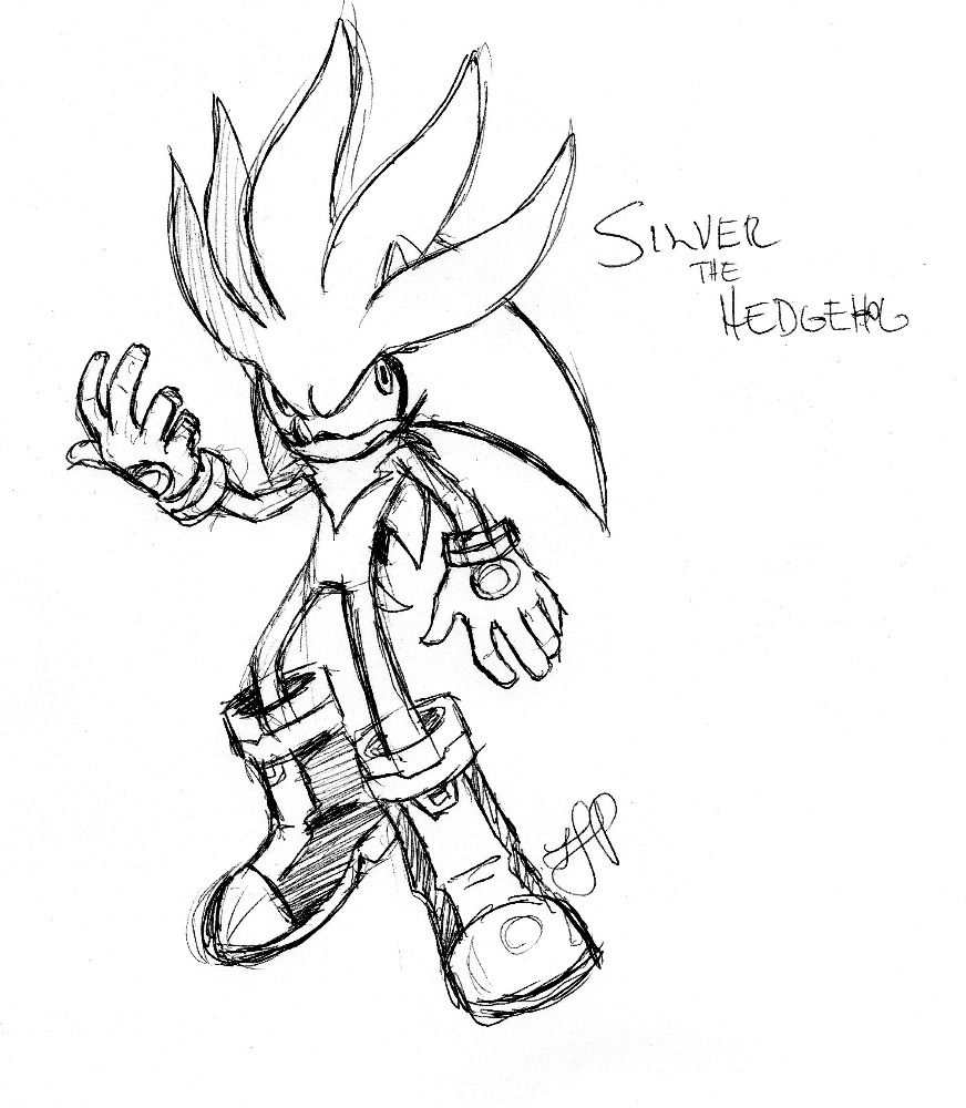 Hand-drawn Silver the Hedgehog character on white paper