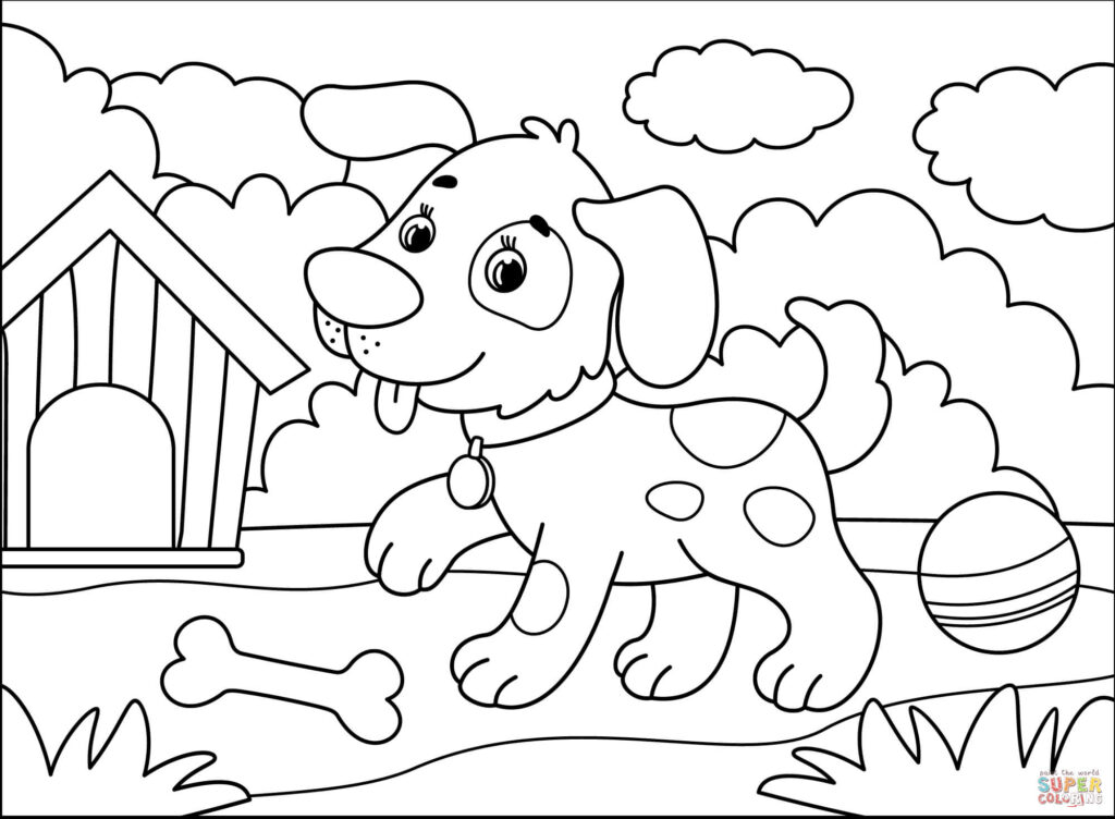 Cartoon puppy in yard with doghouse, ball, bone and clouds