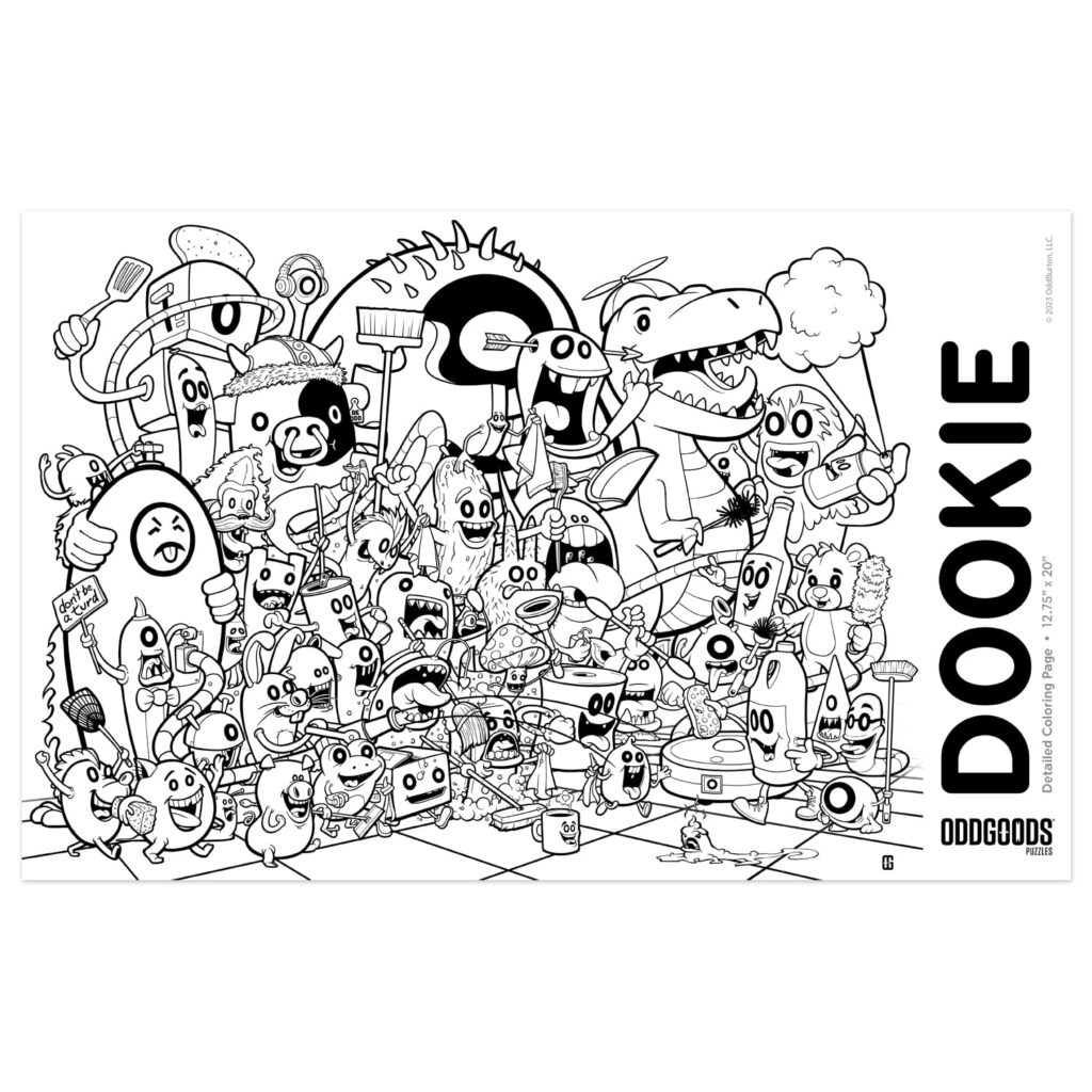 Crowded black-and-white cartoon monster coloring page cover