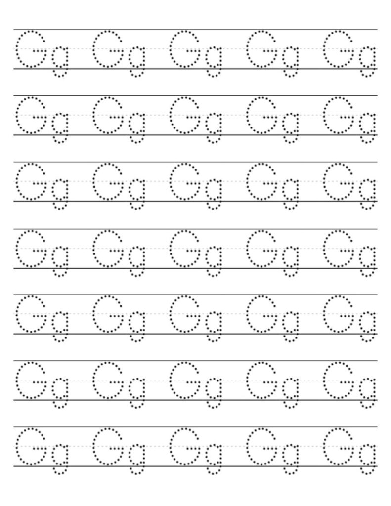 Dotted uppercase and lowercase G tracing worksheet