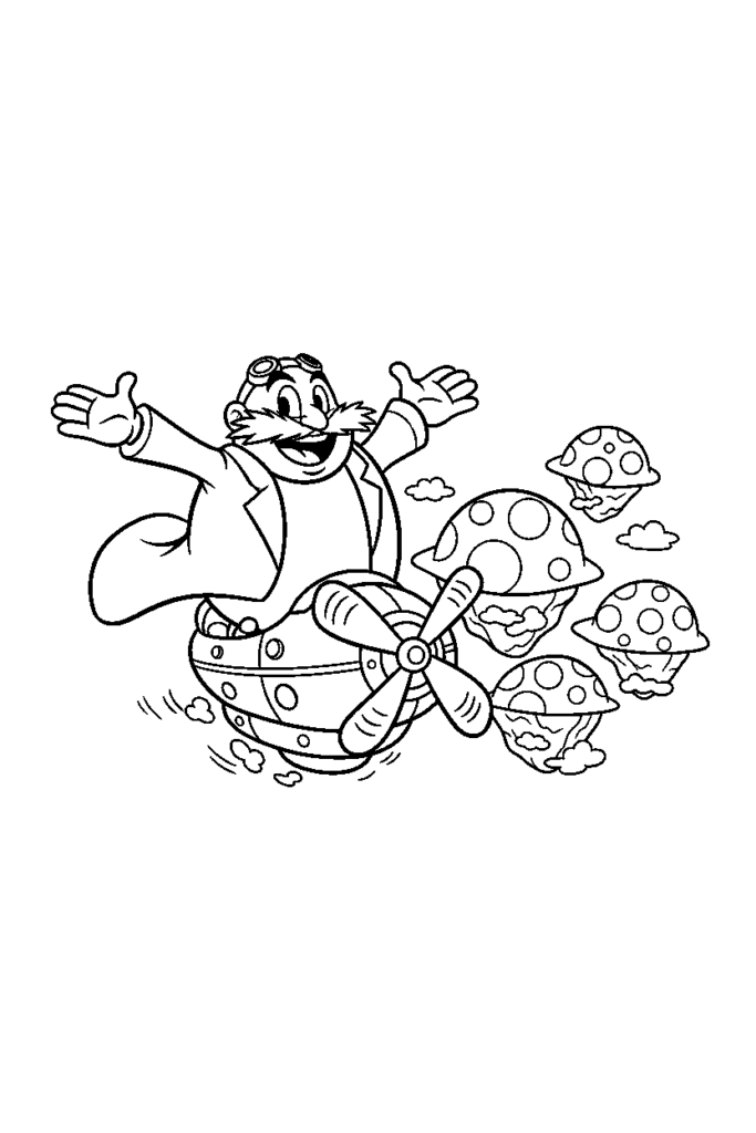 Cartoon scientist flying on a propeller machine among clouds