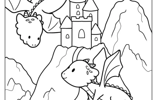 Two cartoon dragons flying over mountains and castle