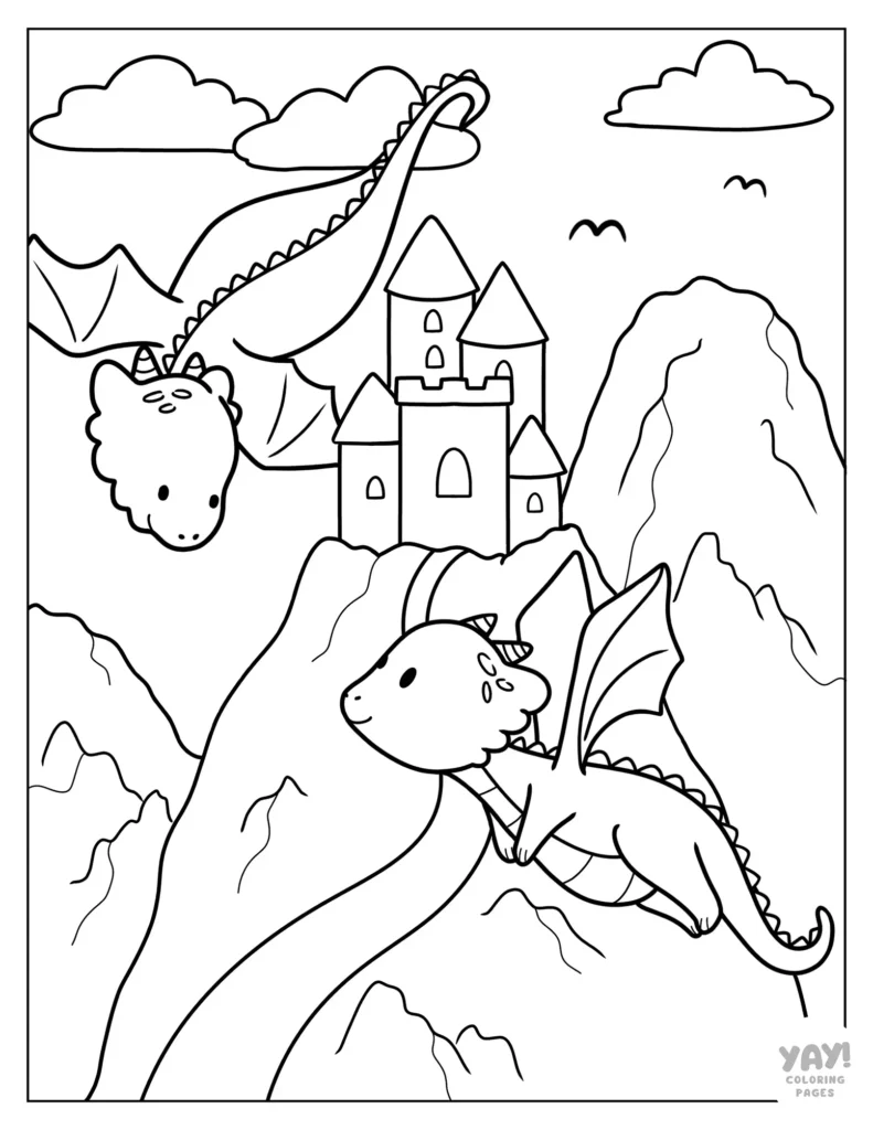 Two cartoon dragons flying over mountains and castle