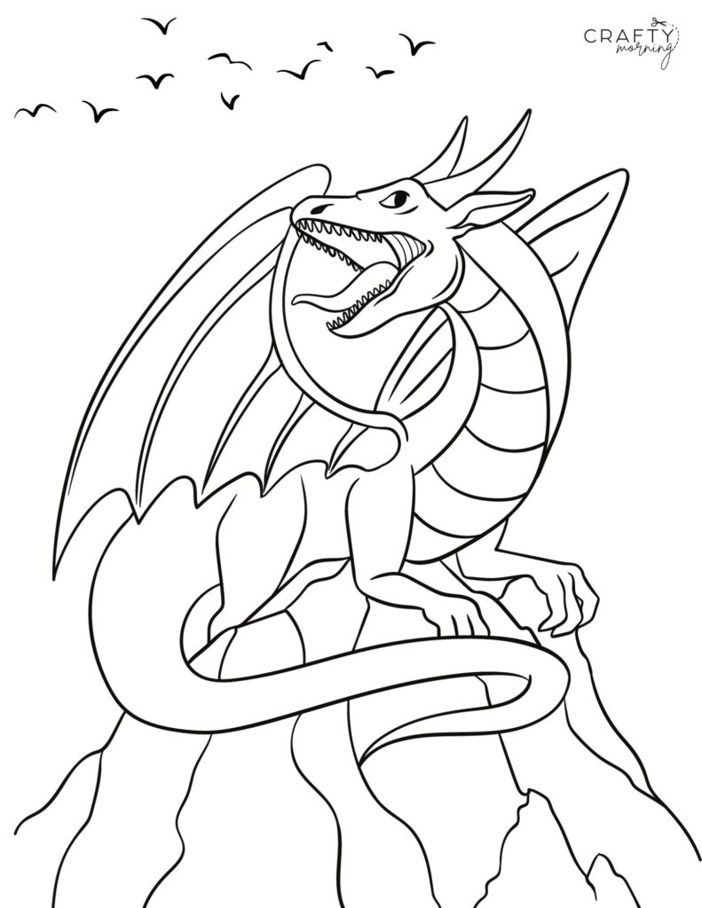 Black line drawing of a dragon perched on rocks, birds above