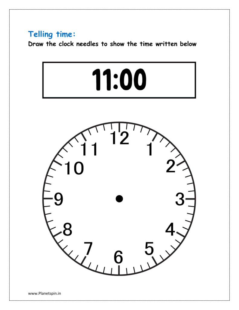 Blank clock worksheet with 11:00 and a large analog clock face