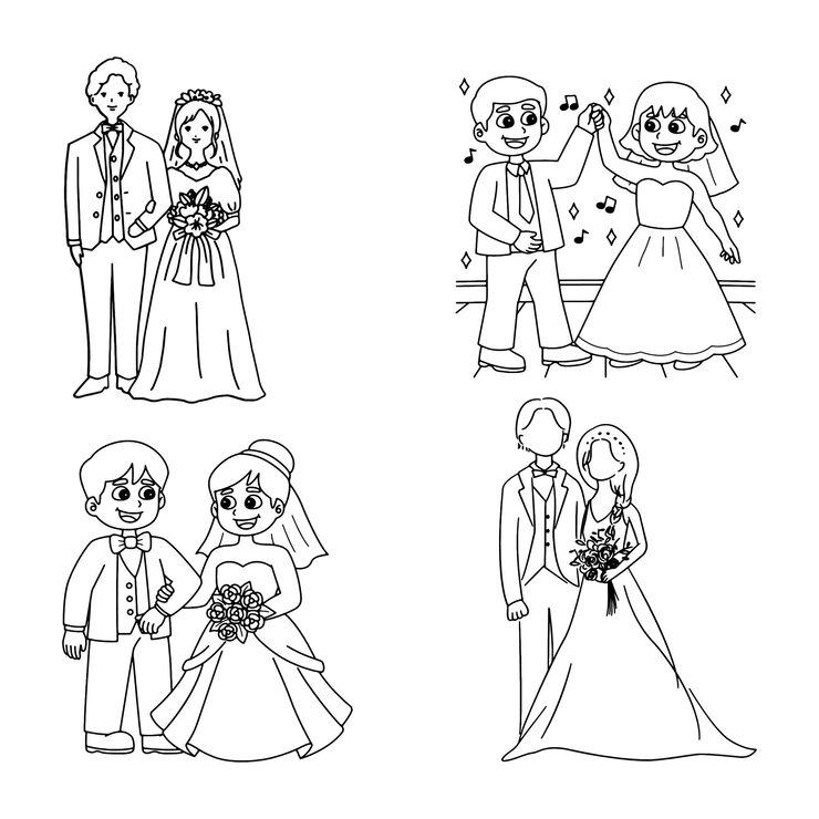 Four wedding couple coloring page illustrations