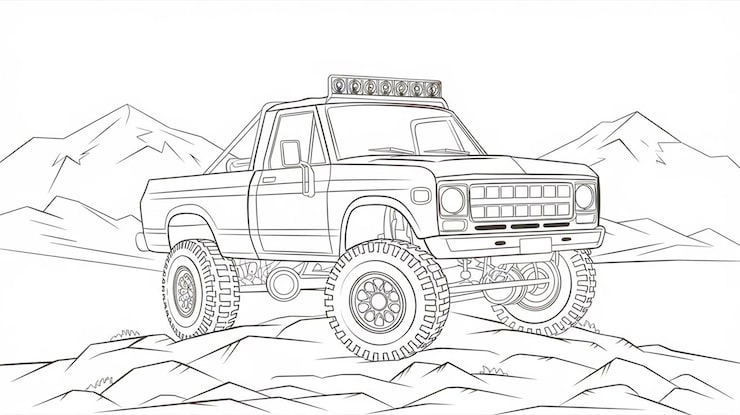 Line drawing of lifted pickup truck on rocky mountainside