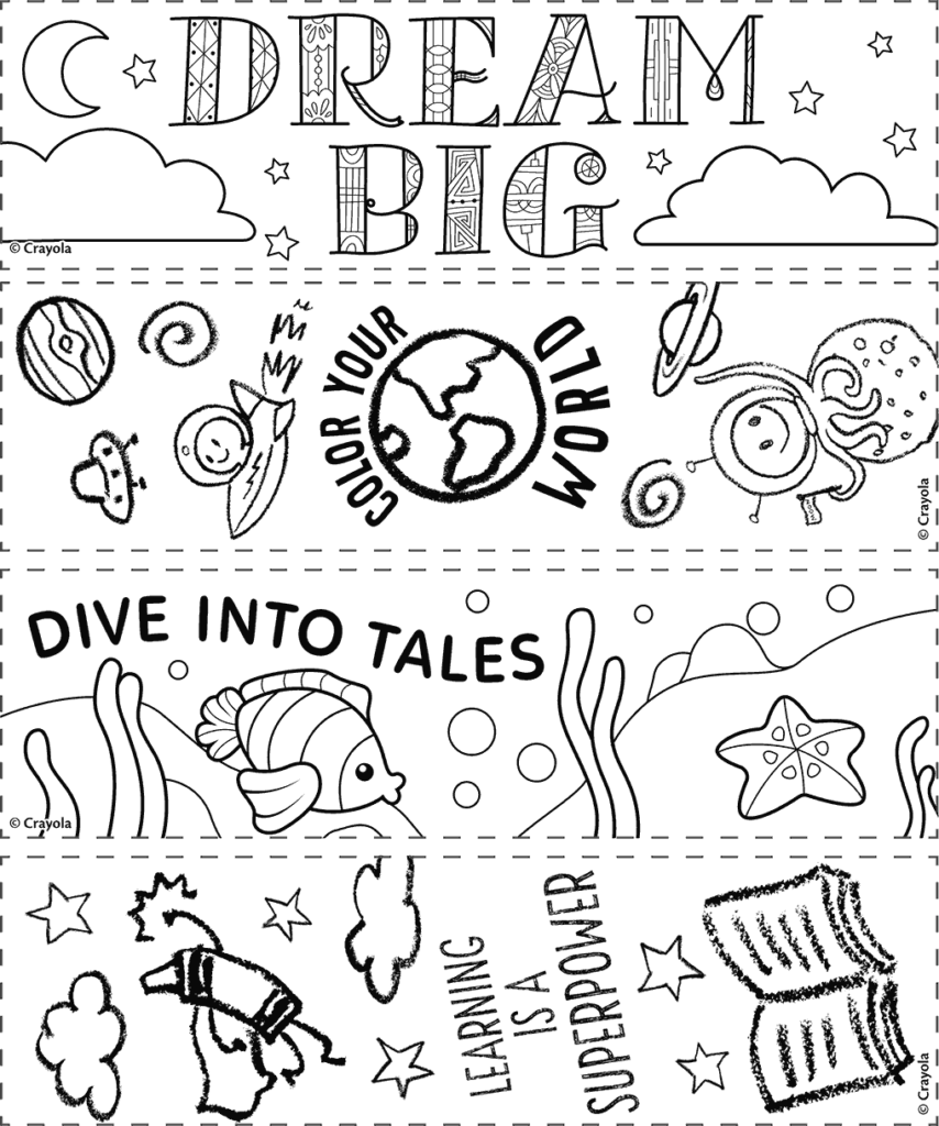 Coloring page bookmarks with space and ocean themes