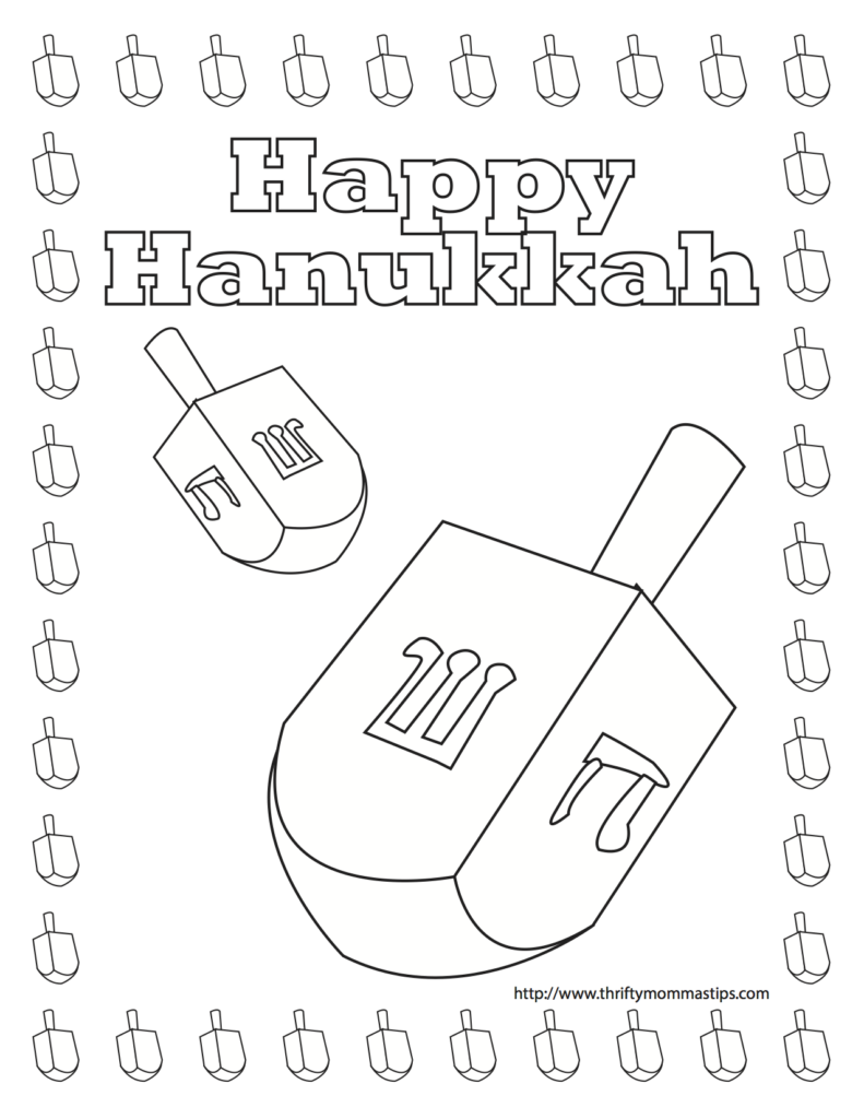 Happy Hanukkah text with dreidel coloring page