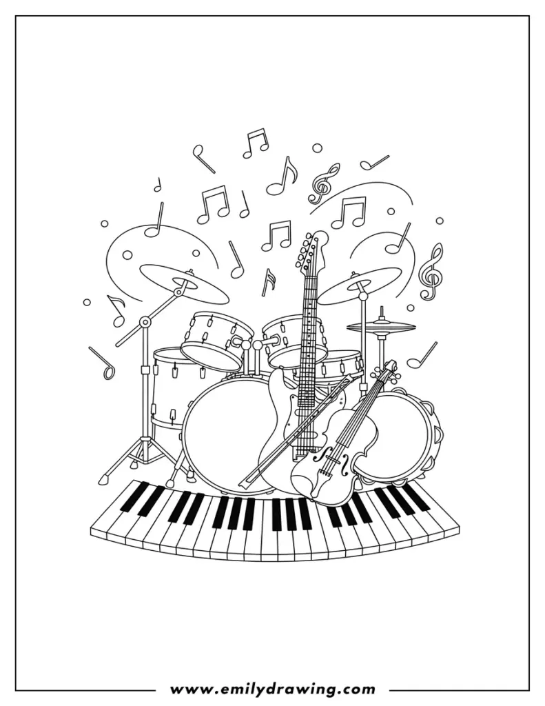 Music instruments on piano keys coloring page