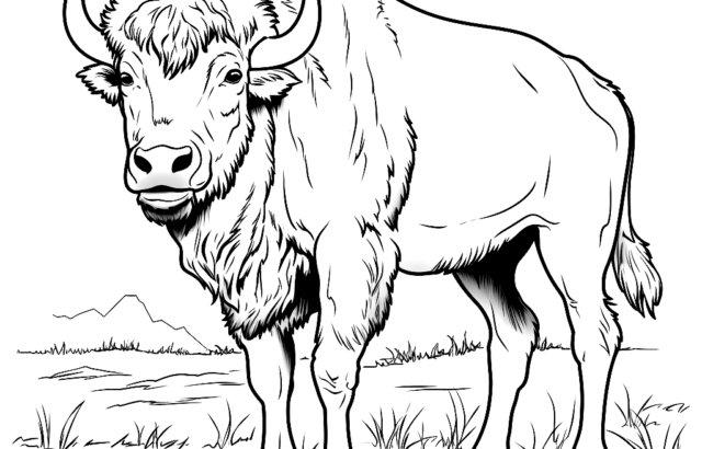 Black-and-white drawing of a standing buffalo outdoors