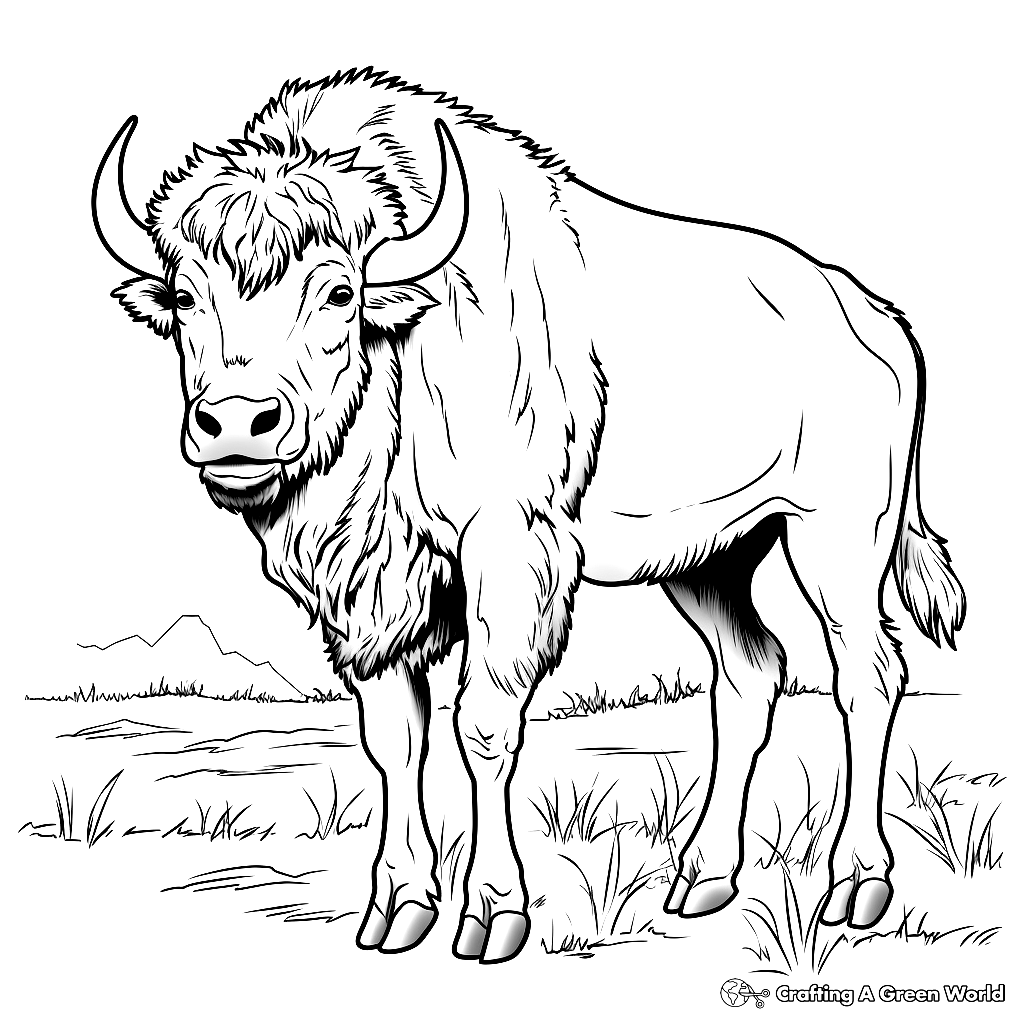 Black-and-white drawing of a standing buffalo outdoors