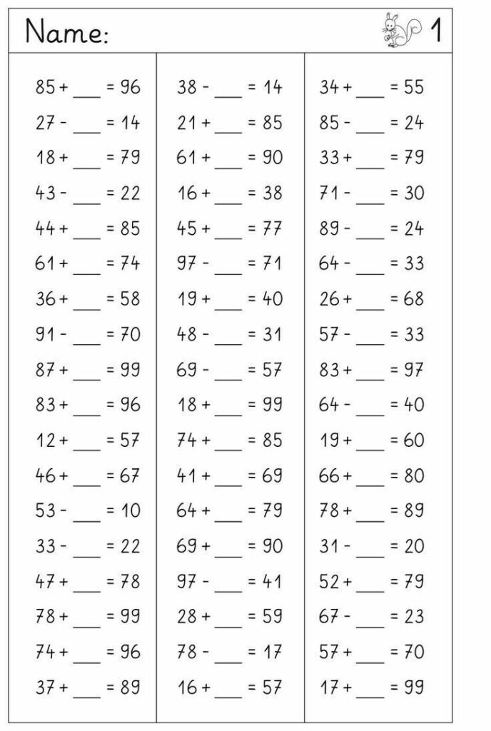 Math worksheet with three columns of equations