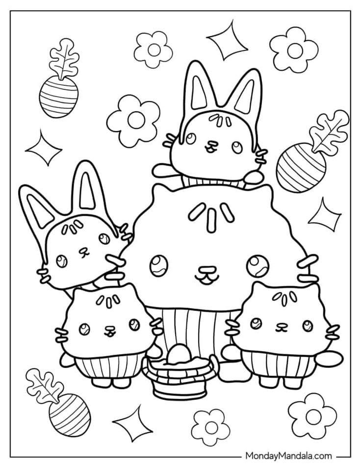 Coloring page with four cartoon bunny-like characters and flowers