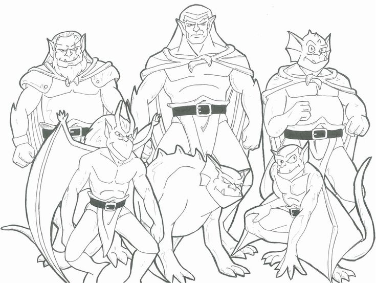 Line drawing of five fantasy gargoyle characters standing together